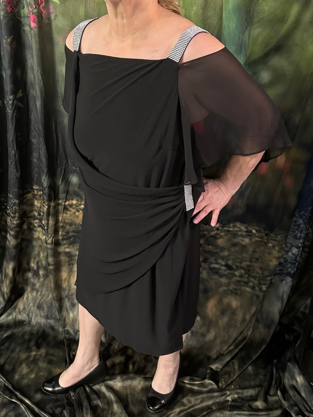 MSK Women’s 3X Dress Black with Cold-Shoulder Rhinestone Straps. Stretchy!